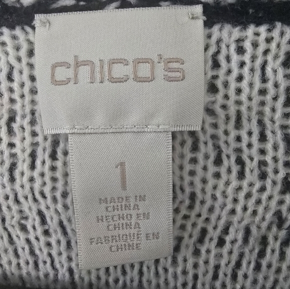 Chico's Long Cardigan Womens Sz L White Blue Sweater Collared Open Aztec - Picture 7 of 12